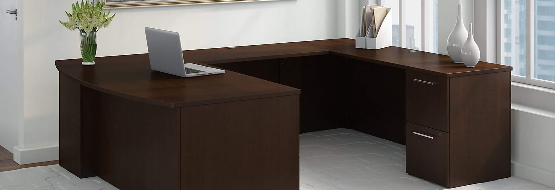 AT Two U-Shaped Desk with Overhead Storage + Credenza +